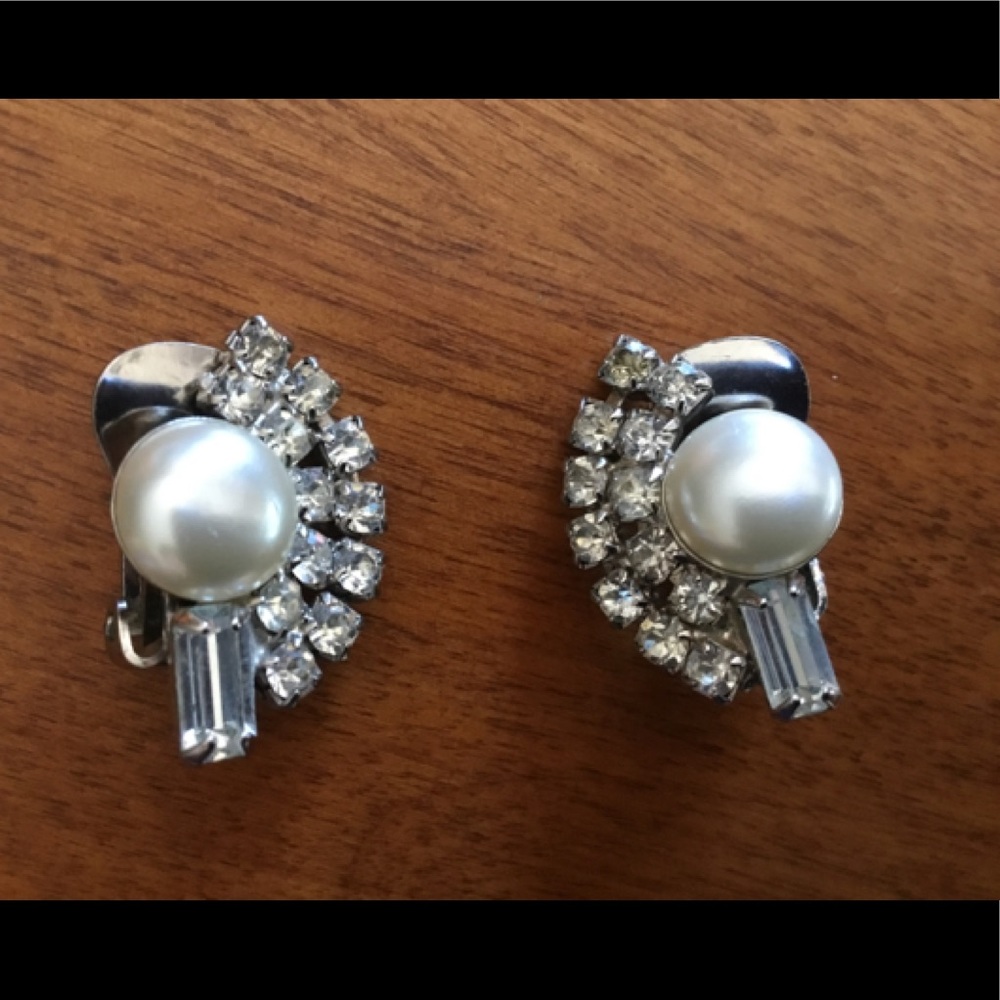 Rhinestone & Pearl Clip-On Earrings